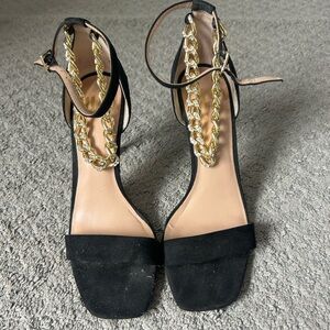 Jennifer Lopez Black Suede Ankle-Strap Heels with Gold Chain